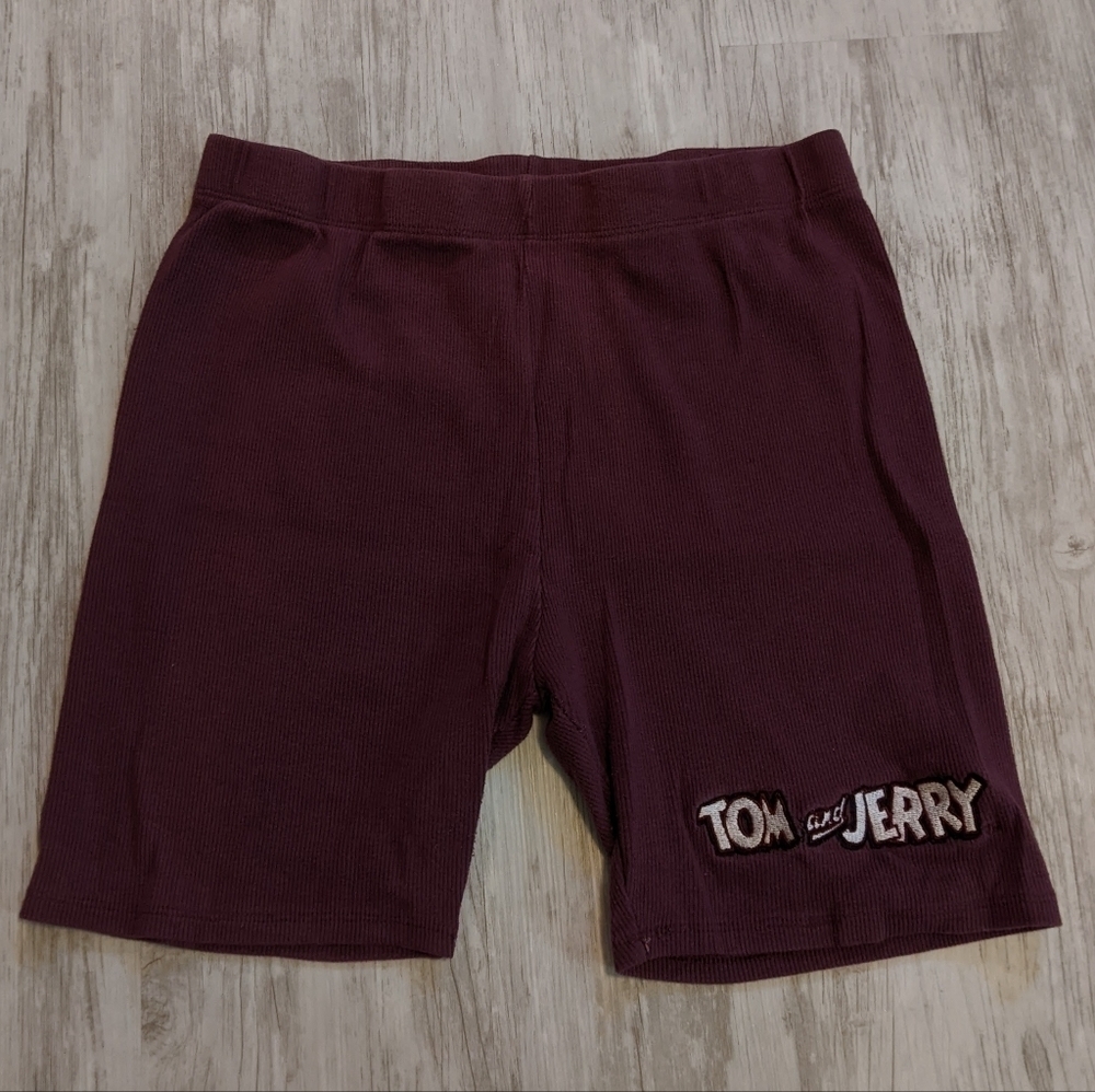 Vintage WB Tom and Jerry Embroidered Ribbed Burgundy Biker Shorts Size Large‎